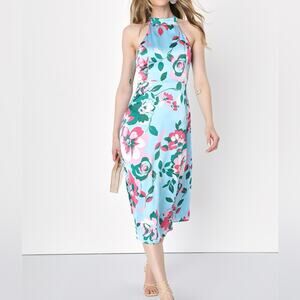 NWT Lulus Charming Celebrations Light Blue Floral Halter Midi Dress Size XS